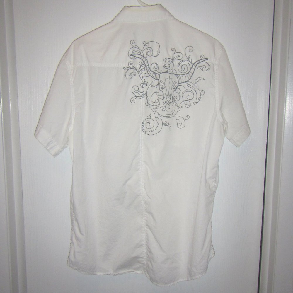 Utility Brand Men's 100% Cotton White Button Down Shirt, Longhorn Print Back, L